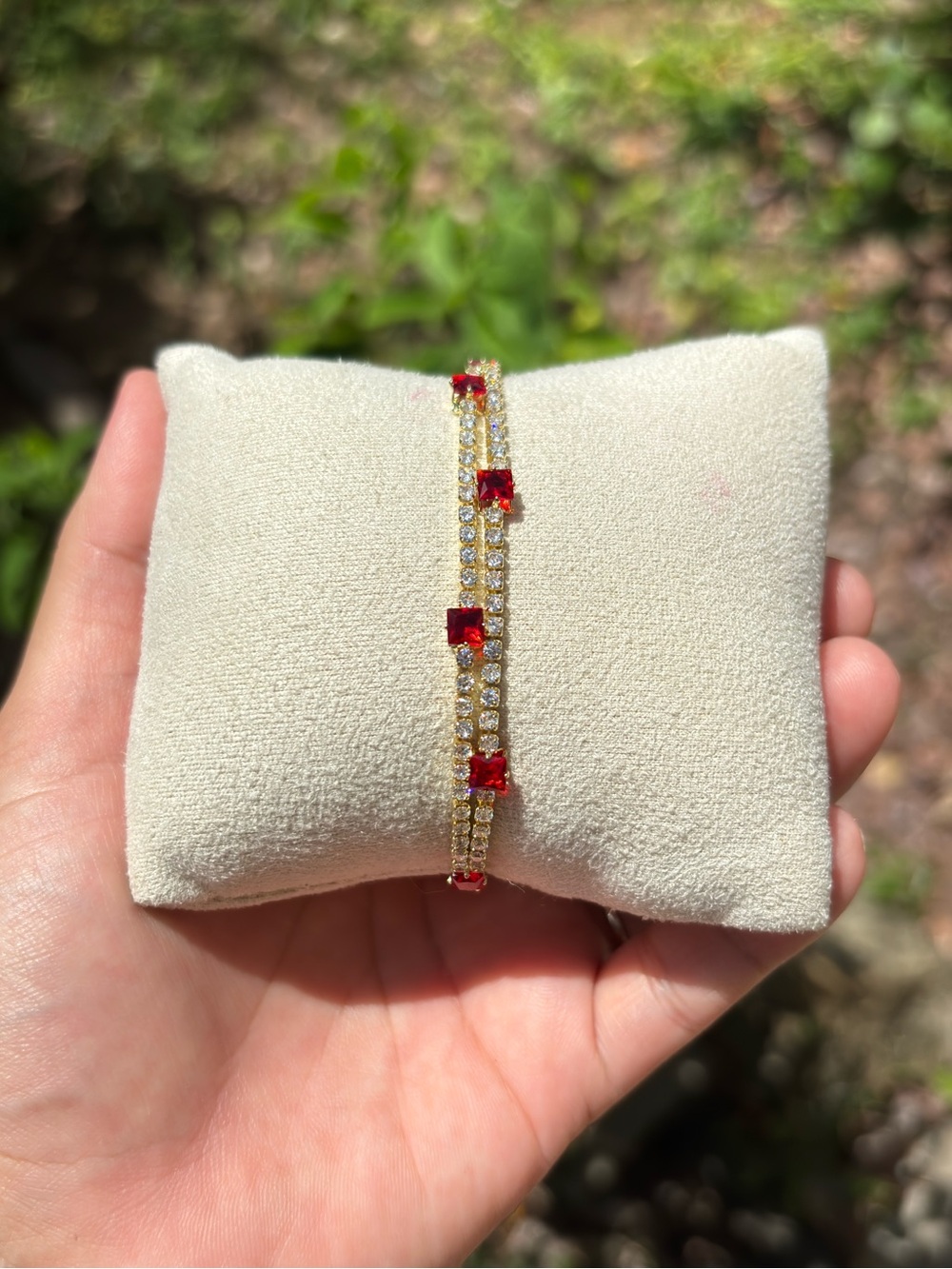 18K Gold Plated Stainless Steel Ruby Red Diamond Tennis Bracelet